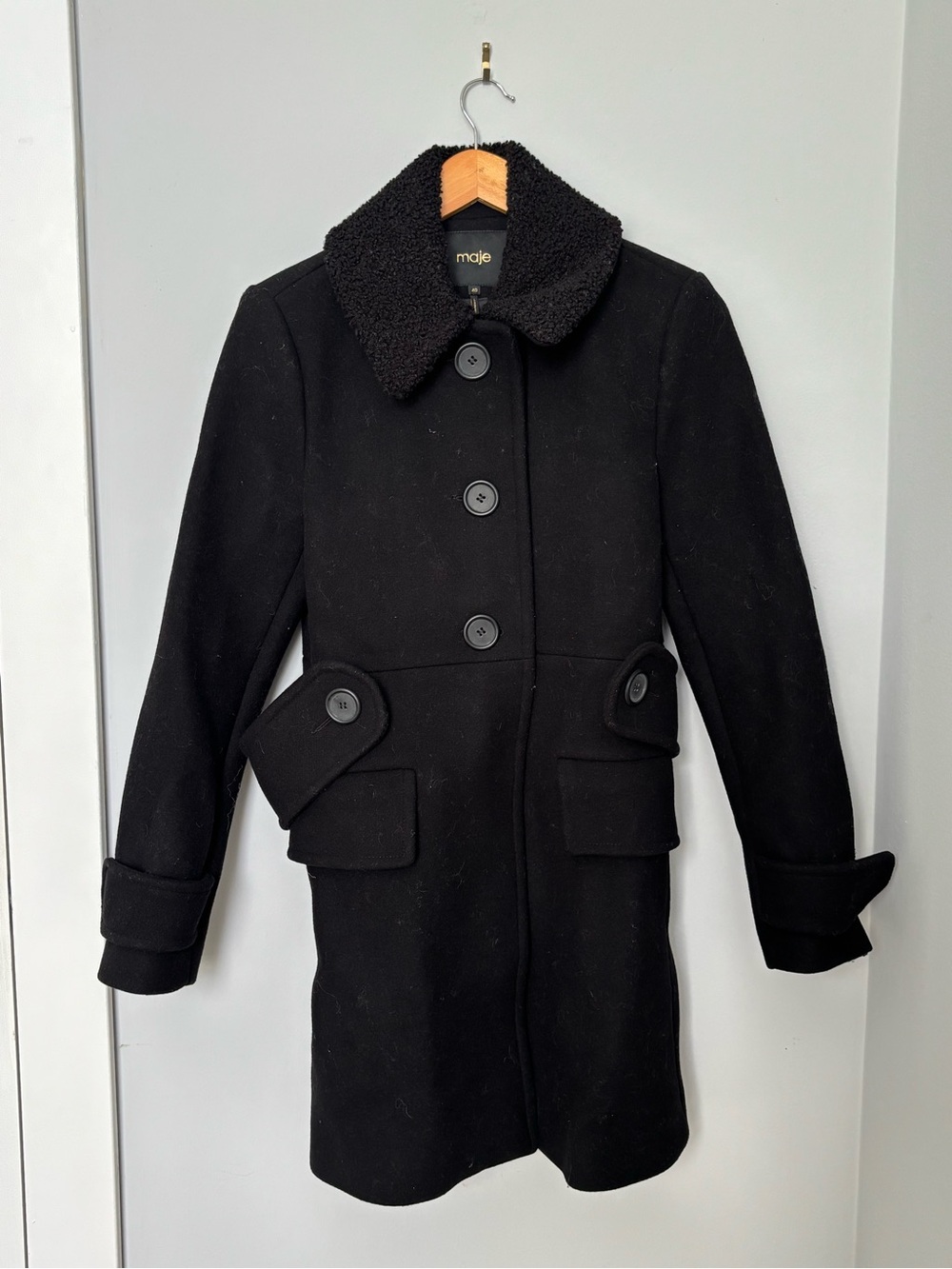 Maje Military Peacoat Inspired Wool Cashmere Coat Shearling Collar 40 M